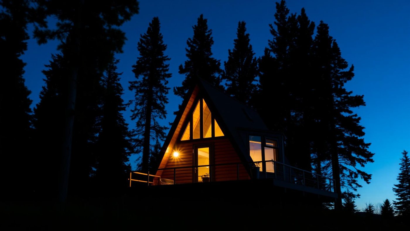 A-frame cabin lit up at dusk