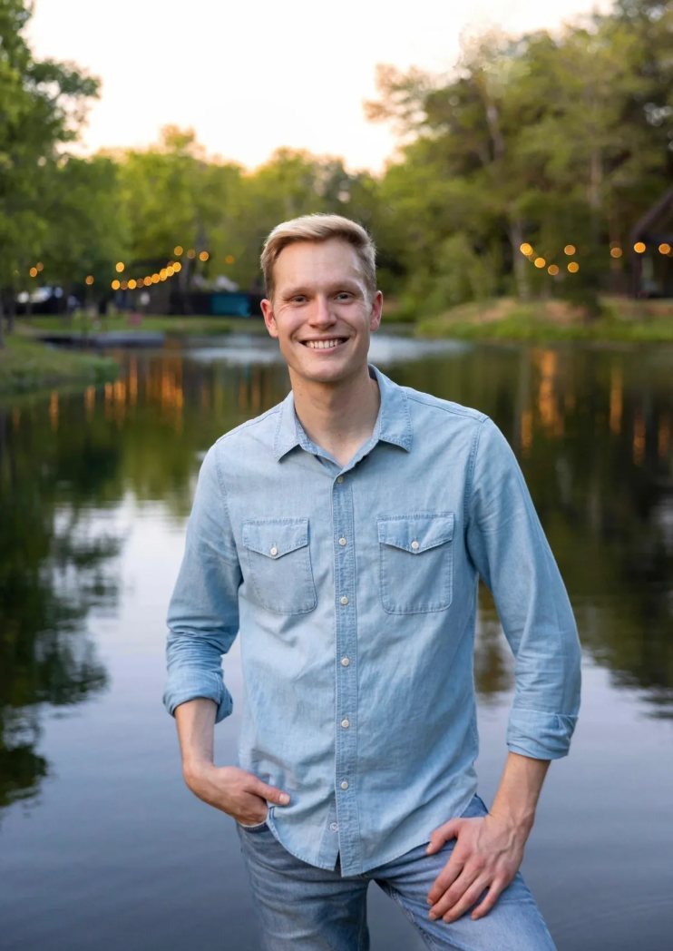 Isaac French by the lake at dusk